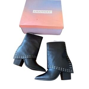 Lisa Vicky mighty bootie Leather Boots, Calf Studded Block Heel Size 8